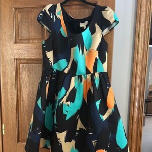 Abstract Print Dress with Black, Orange, and Teal